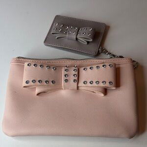 Betsey Johnson Faux Leather Pink Sparkle Bow Clutch and Cardholder Set